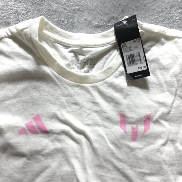 Adidas Lionel Messi Futbol Graphic Tee White Pink Blue Men's Medium NWT - Picture 3 of 8